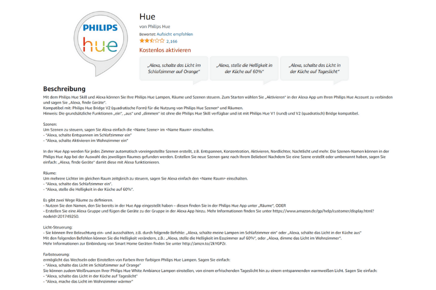 Übersicht der Alexa Sprachbefehle zur Steuerung der Philips Hue Lampen